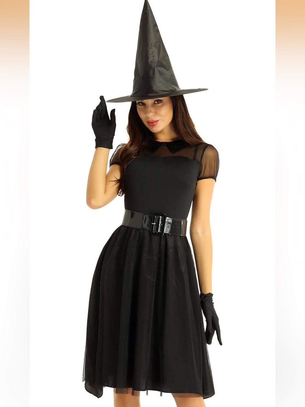 4pc Women's Short Sleeves Dress with Belt Pointed Hat and Gloves Witch